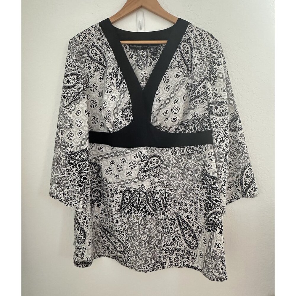 Blue Diamond Plus Babydoll Tunic Top Womens 18W B/W Paisley Boho Office‎ Work